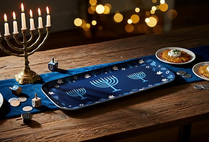 UPware Hanukkah Melamine Serving Tray, 15 x 6.5 Inch Rectangular Serving Platter, BPA Free Food Tray for Party Entertaining