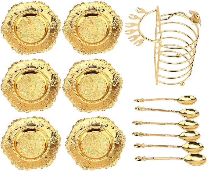 Keenso European Style Metal Plate Set, Zinc Alloy Elegant Cake Serving Tray with Spoon for Fruits Pasta Snacks Parties (Gold)