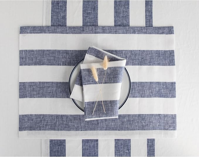 Solino Home Linen Cloth Placemats Set of 4 - Cabana Stripe 100% Pure Linen Navy and White Farmhouse Placemats 14 x 19 Inch for Christmas, Winter, New Year