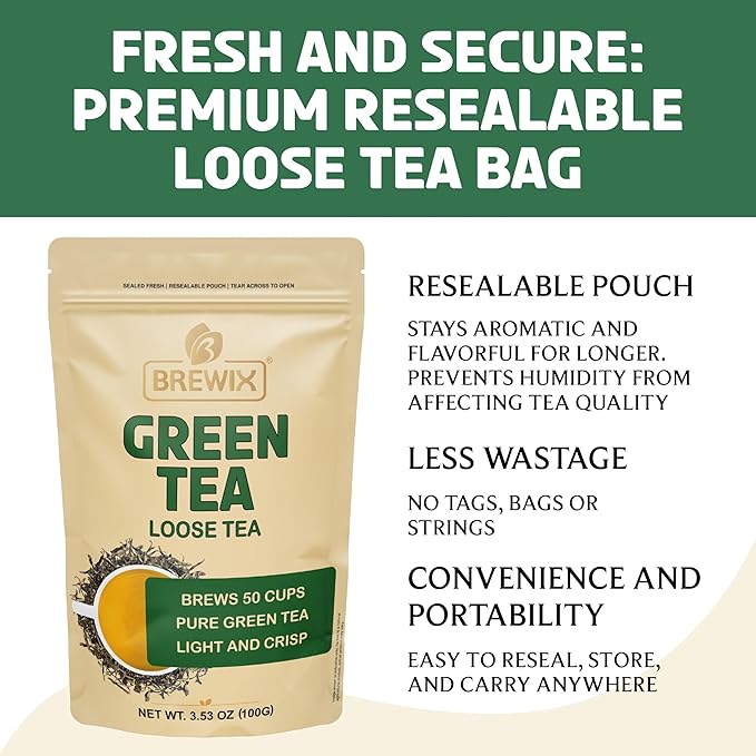 BREWIX, Green Tea Loose Leaf (50+ Cups, 3.53oz/100g) Gluten Free I High Elevation Grown Green Tea Leaves | Pure Single Origin Sourced Direct from India
