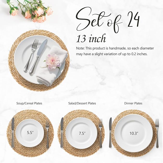 13 Inch Woven Placemats Set of 24, Boho Round Place Mats for Dining Table Decor, Rustic Jute Chargers for Dinner Plates, Outdoor Patio, Farmhouse Wedding, Water Hyacinth Wicker Rattan Braided Placemat