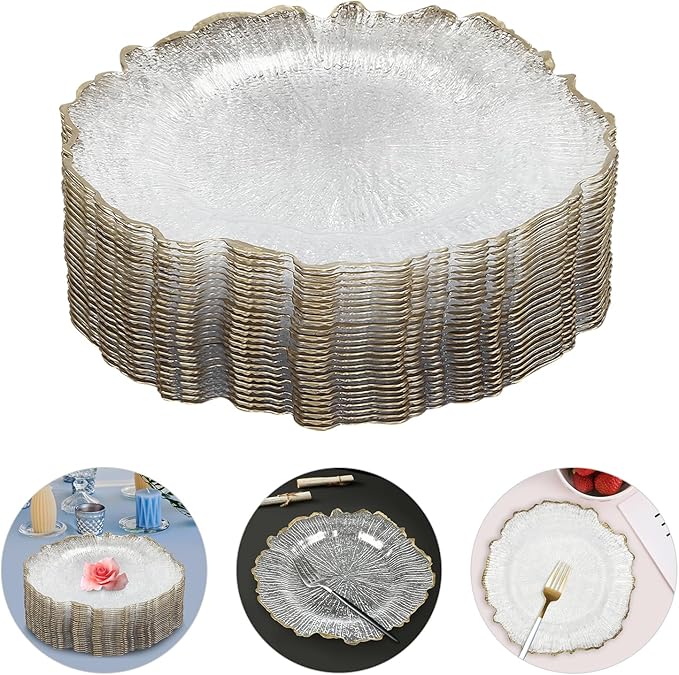 25 PCS Clear Charger Plates Bulk, 13 Inch Floral Reef Plastic Charger Dinner Plates Round Service Plates Decorative Chargers Bulk for Table Setting Wedding Party Event(Gold)