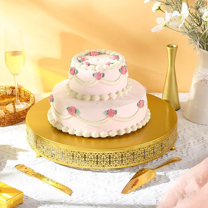 Wenqik Christmas Cake Stand 16 Inch Gold Metal Round Cupcake Dessert Stand with Cake Cutting, Spatula Xmas Cupcake Pastry Display Candy Holder Display for Christmas Wedding Birthday Party
