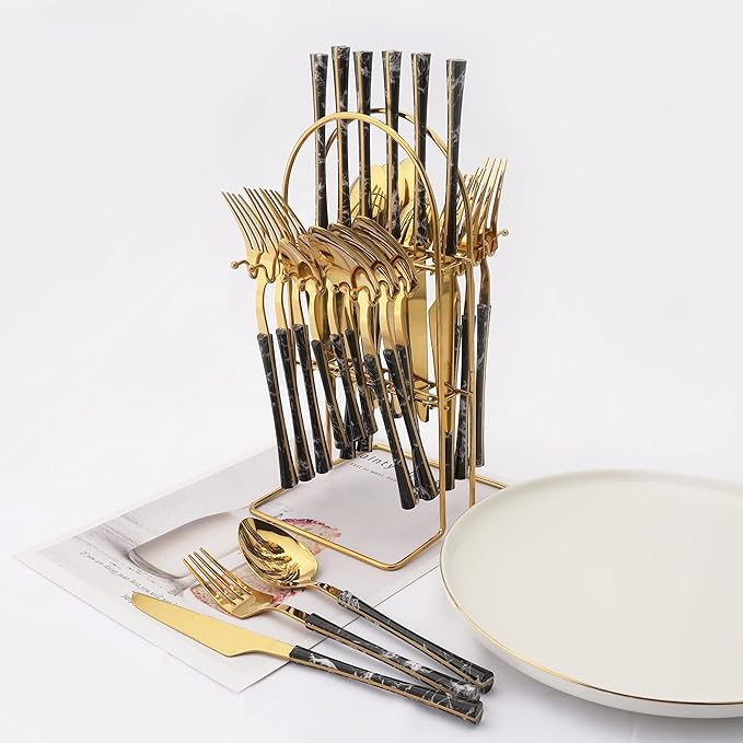 Stainless Steel Silverware Set with Holder - 25 PCS Gold Flatware Cutlery Set - Black Marble Texture Handle Design - Hanging Metal Eating Utensils Set Service for 6 - Party Tableware Set