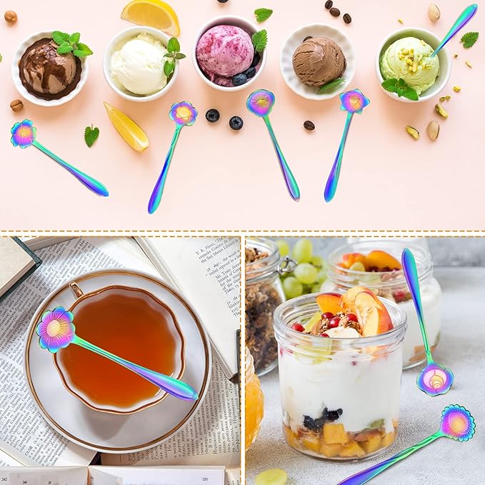 Eboot 40 Pcs Rainbow Flower Teaspoon Stainless Steel Tea Party Spoons Mini Cute Teaspoon Stirring Coffee Sugar Drink Demitasse Espresso Spoons for Bridal Baby Shower Wedding Party Favors Decorations
