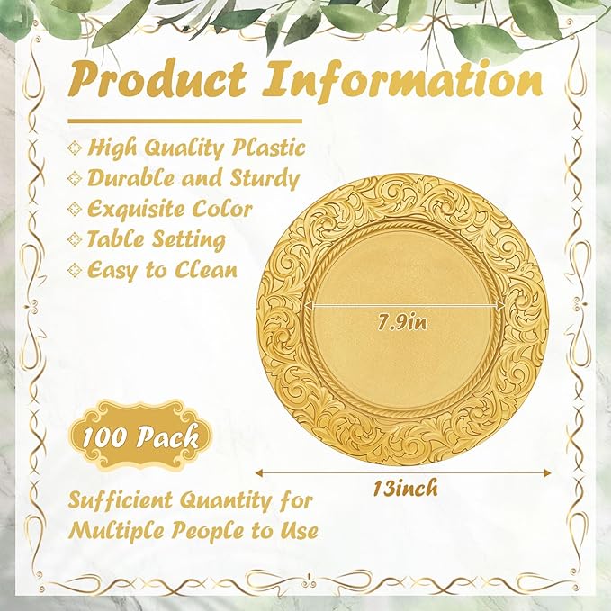 100 Pcs Antique Charger Plates Bulk Gold Round Plastic Dinner Plate Embossed Rim Server Plate Decorative Chargers Floral Plates for Dinner Parties Wedding Christmas,13 Inch (Gold-100PCS)