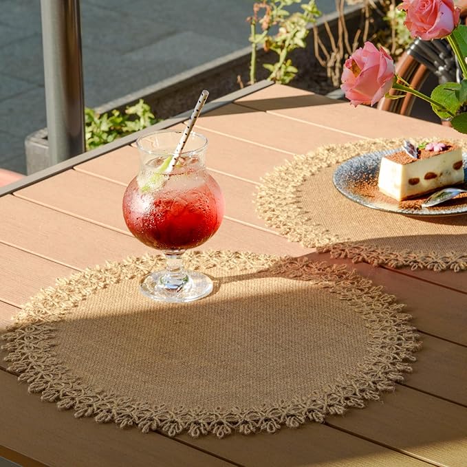 Round Burlap Placemats Set of 12 Jute Rustic Place Mats for Dining Tables Heat Resistant Natural Farmhouse Table Mats Decor (Flower Tassel New)