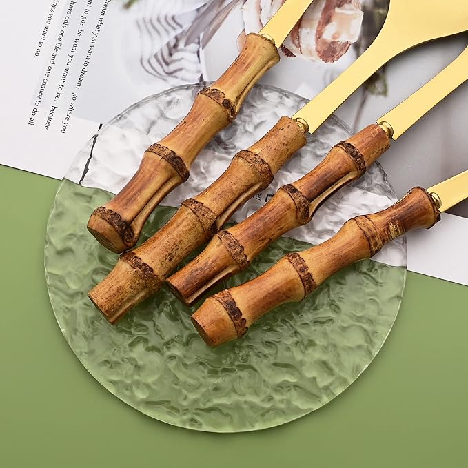 Serving Fork Set of 4 - Gold Stainless Steel Platters Forks - 10.0 inch Large Salad Forks with Natural Bamboo Handle - Use for Buffet/Banquet/Home/Kitchen/Party