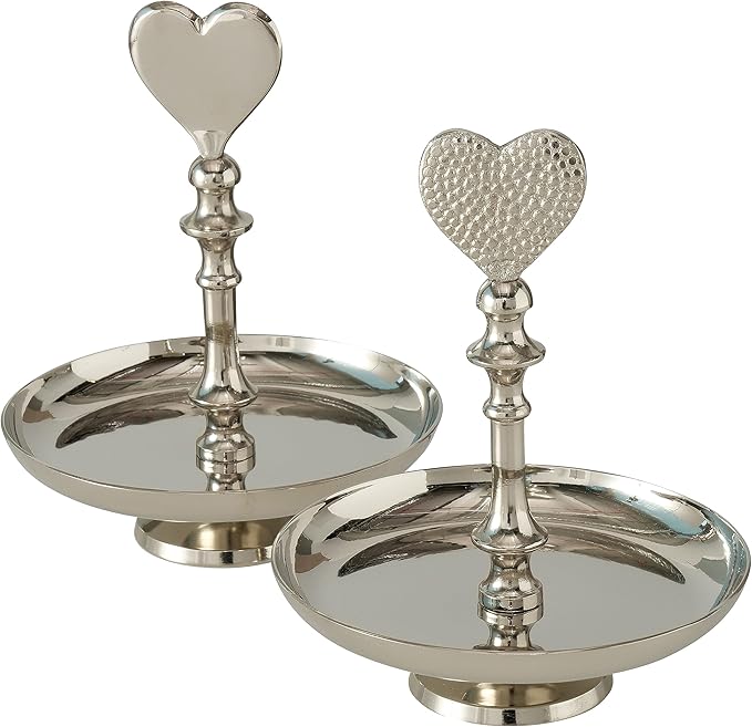 Heart Handle Serving Trays, Set of 2, Single Tier, Handmade, Gleaming Silver Metal, Circular, Pedestal Base, Aluminum, 8.25 Inches