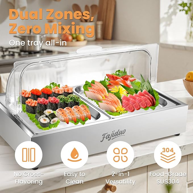 Ice Food Serving Display Tray, Cold Serving Plate with Clear Roll Top, 5QT Stainless Steel Food Serving Tray, Cooling Food Dishes Display Plate for Home, Buffet, Restaurant, Party