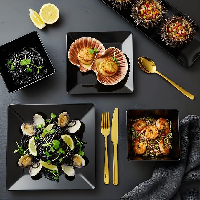 TP 12-Piece Dinnerware Set, Melamine Dishes Set with Bowls and Plates, Non-breakable and Lightweight Square Dinner Set for 4, Black