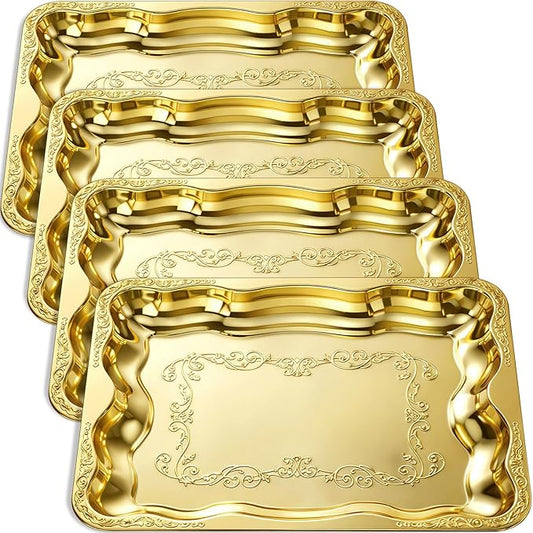 4 Pack Gold Serving Trays Set for Party, Butterfly Floral Gold Platter Engraved Mirror Tray, 15.8 x 11.6 Inches Elegant Metal Plate for Christmas Food Appetizer Cookies Desserts