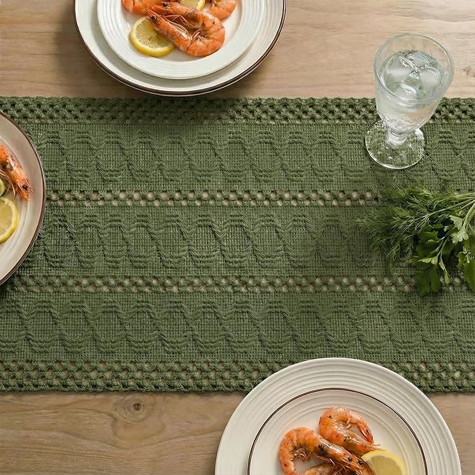 Artoid Mode Army Green Farmhouse Woven Rustic Hollow Table Runner, Seasonal Holiday Hollow Kitchen Dining Table Decoration for Home Party Decor 12x120 Inch
