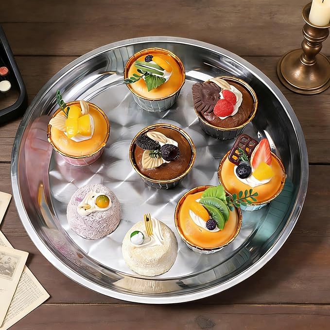 10 Pack Stainless Steel Silver Serving Tray, 12 Inch Round Serving Bar Silver Serving Platter Sturdy Metal Display Tray for Coffee Table Party Club Home
