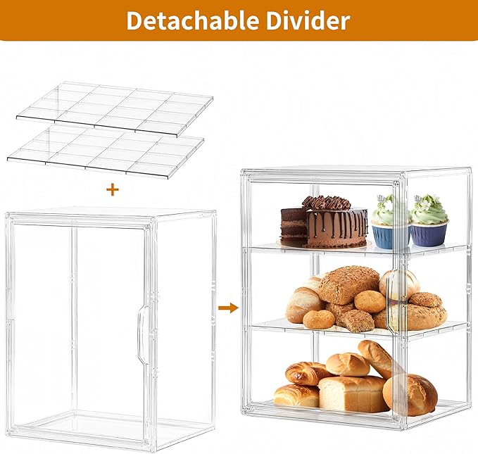 Pastry Display Case,Bread Box for Kitchen Countertop,3 Layers Adjustable Clear Bread Storage with Magnetic Door Small Bakery Pastry Display, 2 Pack