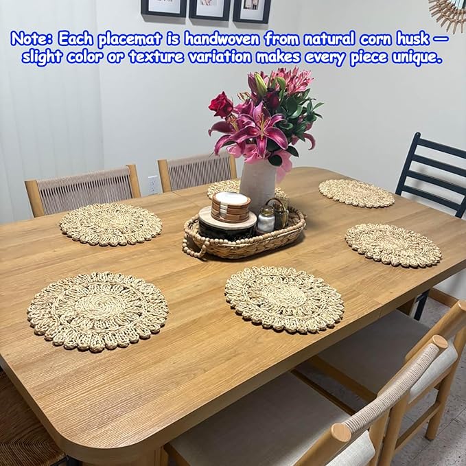 13.8" Round Corn Husk Placemats | Boho Woven Rattan Table Mats | Natural Spring Farmhouse Plate Chargers | Handmade Rustic Wicker Place Mats for Christmas Wedding (Set of 4)