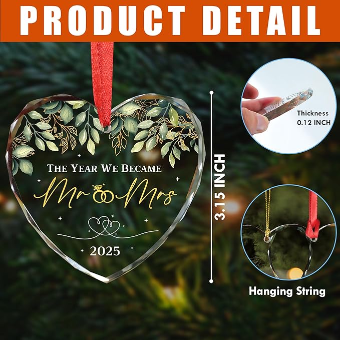 Wedding Gifts for Couples 2025 - Mr and Mrs Gifts - Bridal Shower Gift, Wedding Ideas for Newly Wed, Bride, Future Mr Mrs - Just Married Glass Ornament 2025, 1st Married Couple Christmas