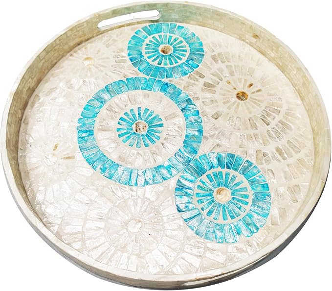 i-lan 18 Inch Round Mother of Pearl Serving Tray, Blue Nacre Inlay Decorative Ottoman Tray with Handles, Handmade Shell Coffee Table Tray for Food, Catering and Home Decor