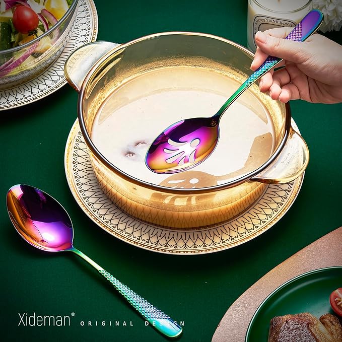 Xideman® 7-Piece Premium Hammered 18/10 Stainless Steel Silverware Serving Utensil Set - Iridescent Hostess Serveware Set with Cake Knife & Cake Server for Parties, Catering, Kitchen, Buffet (Rainbow)