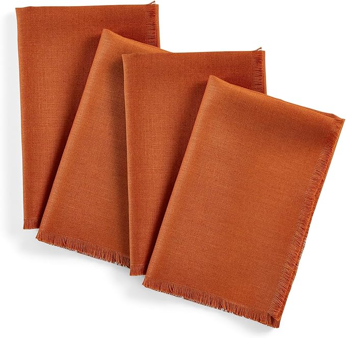 Solino Home Fringe Linen Napkins Set of 4-100% Pure Linen Cinnamon Dinner Napkins 20 x 20 Inch - Handcrafted and Machine Washable