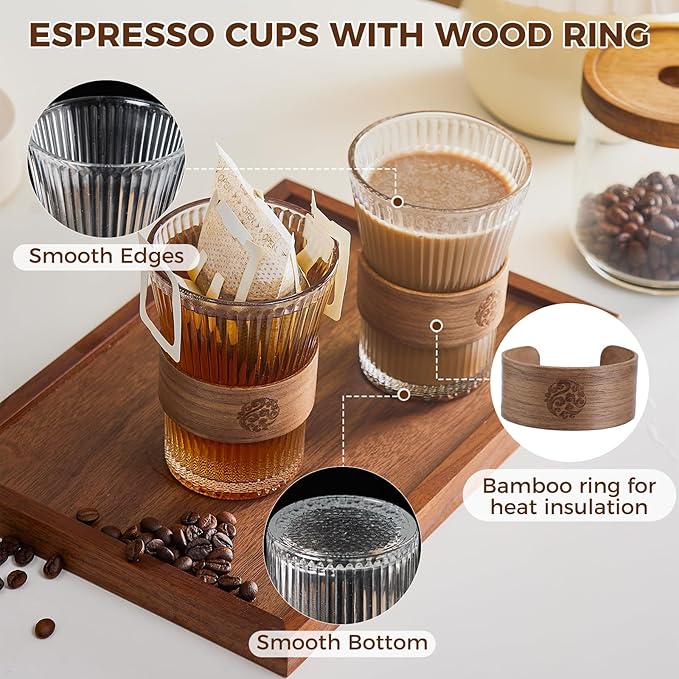 RDLBBS 2PCS Glass Coffee Mug 9oz with Bamboo Sleeve,Espresso Cups Drinking Cup set, Home Essential Glass Tumblers for Beer, Cocktail, Tea and Latte Clear