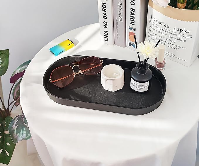 Black Small Tray (11.8 inch), Oval Tray for Kitchen Counter, Bathtub Bathroom Vanity Items, Countertop Organizer, Coffee Accessory, Bar, Serving Seasoning, Salt and Pepper, Soap, Perfume.
