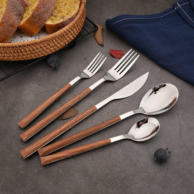 Korean Style Wood Flatware Stainless Steel Fork/Spoon/Knife/Teaspoon with Wooden Square Handle Cutlery Set of 4 Dinnerware for Home, Kitchen, Restaurant, Gift - Silver