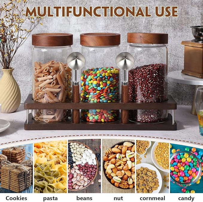 Suclain 3 Pcs Glass Coffee Bean Container 44 oz Airtight Coffee Canister with Shelf and Measuring Spoon Kitchen Food Canister Jar for Sugar Candy (Vintage Style)