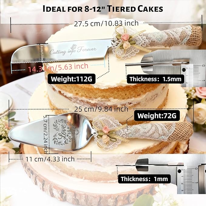 Wedding Cake Knife and Server Set – 10.83" Serrated Knife & 9.84" Server with Rustic Lace Burlap Handles, Stainless Steel Blades, for Bride & Groom, Anniversary & Engagement Gift (silver)