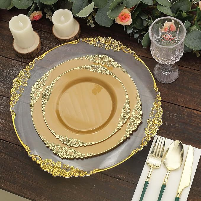 8" Salad Plates -Set of 20 - Plastic Gold Round Baroque Disposable Chargers Leaf Embossed Rim, Ideal for Dinner Party Wedding Bulk Events