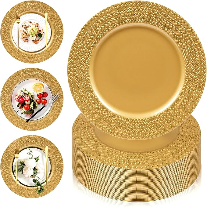 PROY 100 Pcs Gold Charger Plates Bulk,13 Inch Leaf Trim Antique Charger Plate, Plastic Reusable Round Charger Platters for Table Setting, Wedding, Party, Event