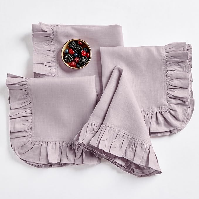 Solino Home Linen Ruffle Napkins Set of 4-100% Pure Linen Lilacs Dinner Napkins Cloth 20 x 20 Inch - Gabrielle Ruffle, Handcrafted and Machine Washable