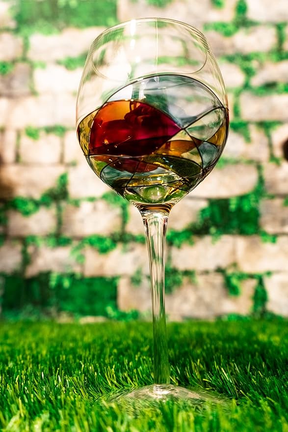 Victoria Barcelona Wine Glasses Hand-Painted Stemmed 14 oz Luxury Gift Women & Men Unique Art Gaudi Inspired by Sagrada Familia Red Murano Stained Glass Christmas Wedding Birthday Anniversary (Set 1)