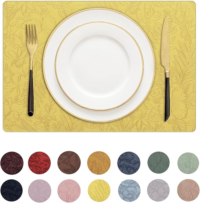 Romanstile Vinyl Placemats Set of 6-12 X 17 Inch - Heat Resistant Non-Slip Embossed Floral Place Mats 100% Waterproof Oilproof Wipeable Faux Leather Table Mats for Kitchen/Dining/Party, Yellow