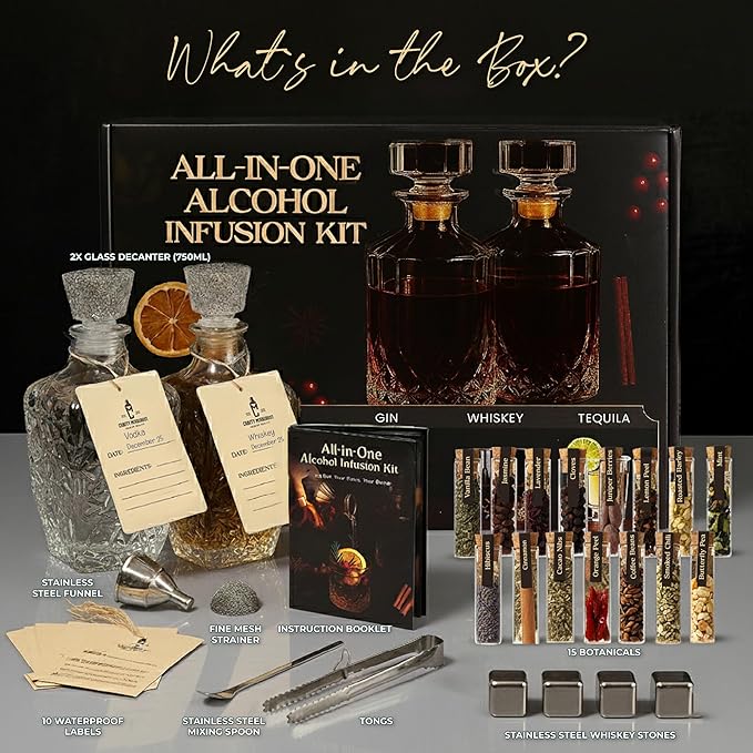 Alcohol Infusion Kit for Whiskey, Tequila, Rum, Gin & Vodka - Including User Manual - Alcohol Gifts for Men - Whiskey Gifts For Men - Drink Making Kit and Cocktail Infusion Set - DIY Whisky Making Set