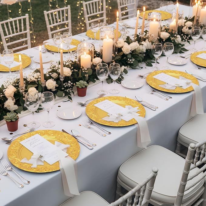 100 Pcs Antique Charger Plates Bulk Gold Round Plastic Dinner Plate Embossed Rim Server Plate Decorative Chargers Floral Plates for Dinner Parties Wedding Christmas,13 Inch (Gold-100PCS)