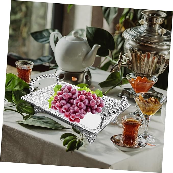 Portable Snack Platter Dried Fruit Bowl Handle Silver Metal Tray Serving Plate