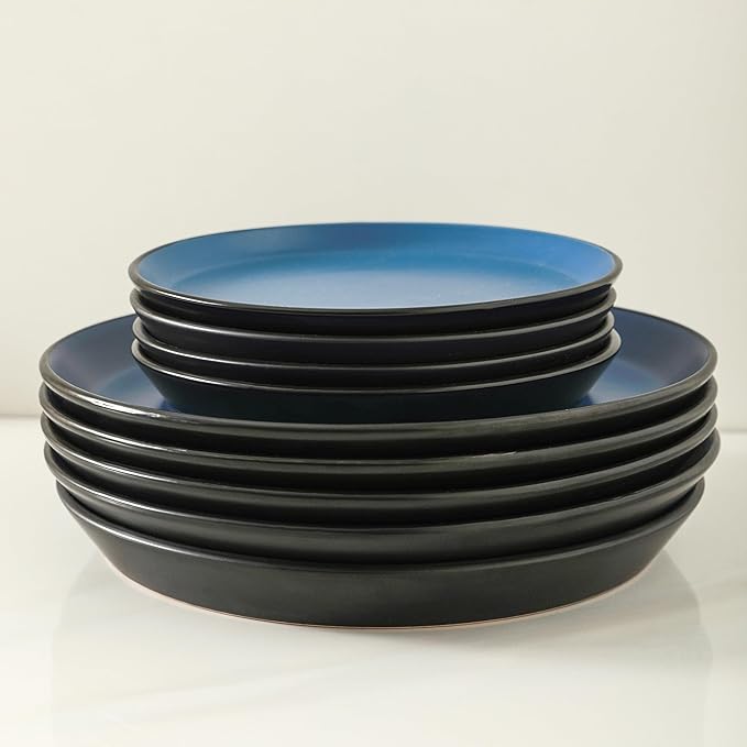 Stone Lain Albie Stoneware 16-Piece Modern Dinnerware Set, Kitchen Plates and Bowls Sets, Service for 4, Blue and Black, Microwave & Dishwasher Safe