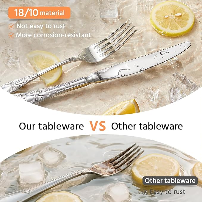 KINGSTONE Vintage Silverware Set, 40-Piece 18/10 Stainless Steel Retro Royal Flatware Cutlery Set for 8 with Carved Thick Handles, Tableware Utensils for Home,Party,Restaurant,Wedding,Dishwasher Safe