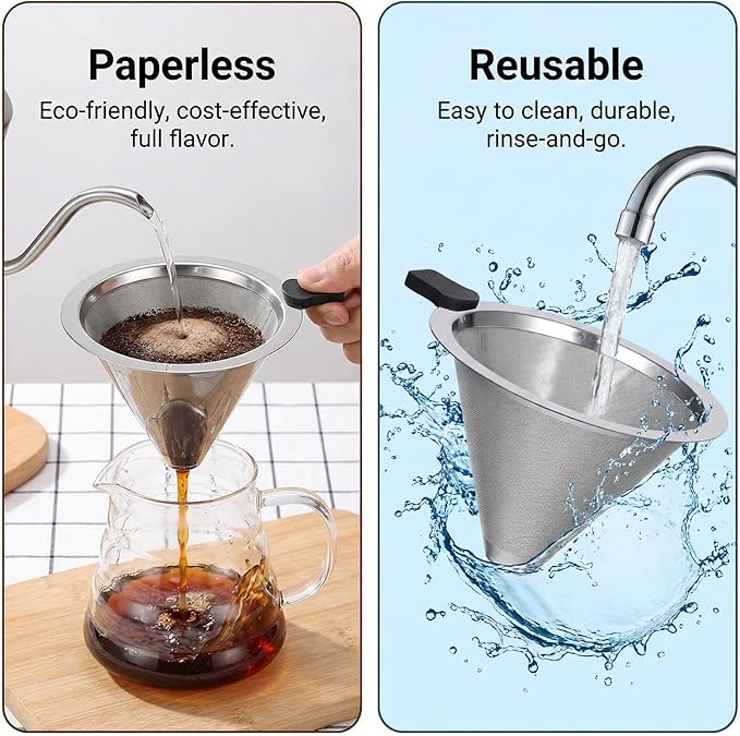 Pour Over Coffee Filter Dripper Stainless Steel Paperless Drip Coffee Tea Filter Small Size Reusable Double Mesh Coffees Maker Dripper for 1-2 Cups