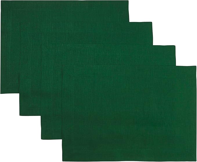 D'Moksha Homes Linen Forest Green Placemats Set of 4-100% Pure Linen Placemats 14 x 19 Inch for Winter, Christmas, Holiday, New Year - Handcrafted and Machine Washable