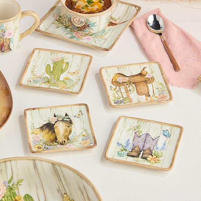 Rosewood 6-Inch Canape Plates, Set of 4, Western-Inspired Designs with Floral Cowboy Boots, Saddle, Cactus & Horse, Rustic Wood-Grain Background, Durable Ceramic for Appetizers & Desserts