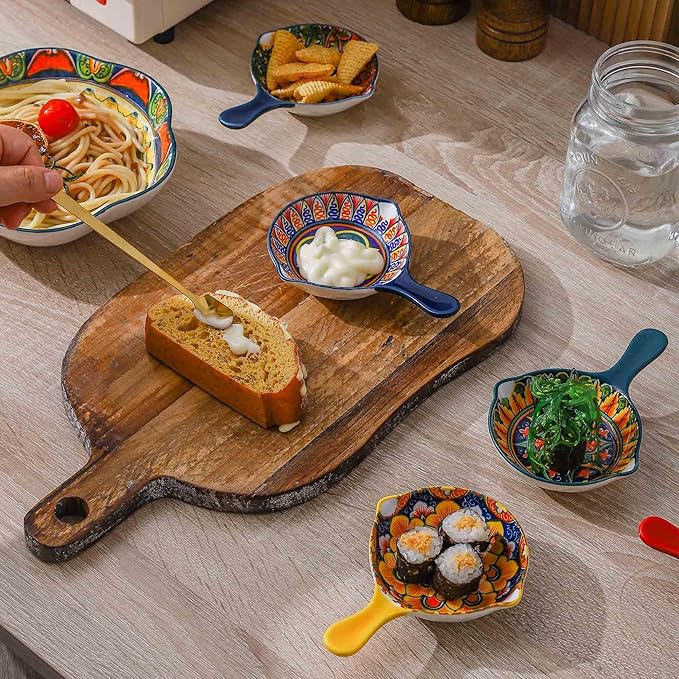 Henten Home Porcelain Sauce Dishes with Handle, 4 Inch Ceramic Dipping Dish Set of 6, Colorful Salsa Bowls for Sushi, Snack, Appetizer, Bohemian Style, Dishwasher & Microwave Safe