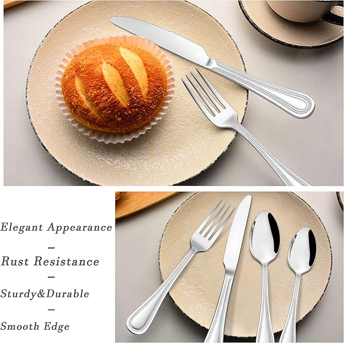 HaWare 24-Piece Forks and Spoons Silverware set, Stainless Steel Flatware with Pearled Edge for Home/Kitchen, Include 12 Dinner Forks(7.9in) and 12 Dinner Spoons(7.9in), Dishwasher Safe
