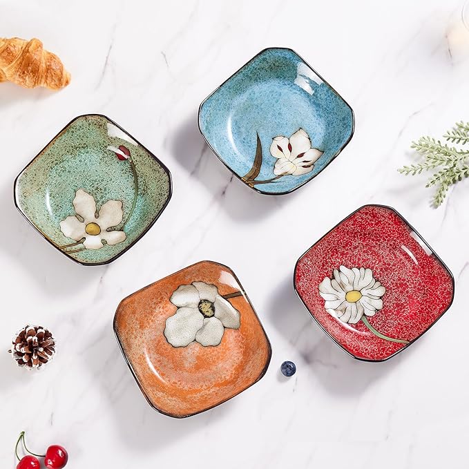 Porcelain Square Dessert Salad Pasta Plates 6.7 inches ceramic plates set of 4 Stackable Dinner Plates for Steak, Pasta, Salad,Dessert，Microwave and Dishwasher Safe (4 colors, 6.7 Inch)