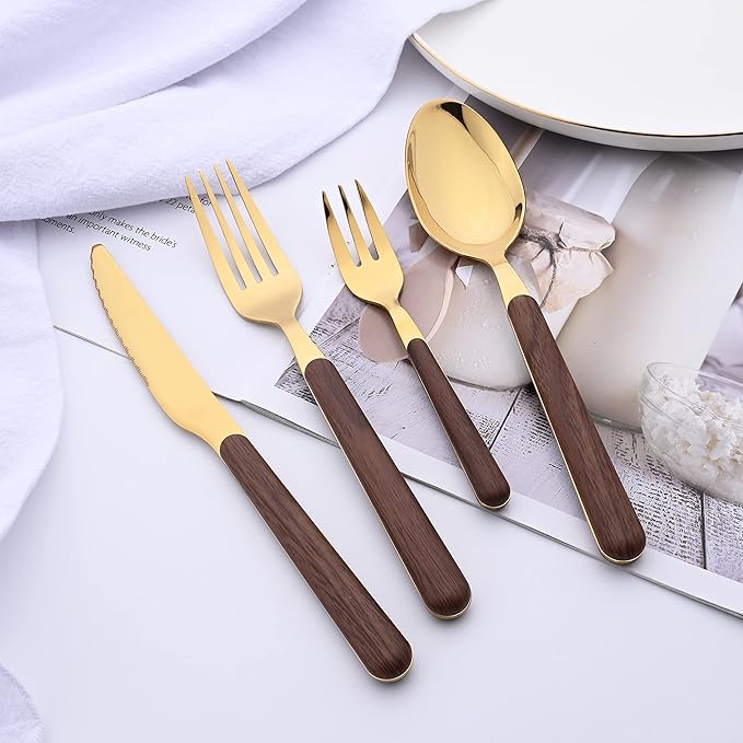 Brown Gold Silverware Set, 16 Pieces Stainless Steel Flatware Cutlery Set with Faux Wooden Handle, 4 x Dinner Knife, 4 x Dinner Fork, 4 x Tablespoon, 4 x Fruit Fork, Mirror Polished