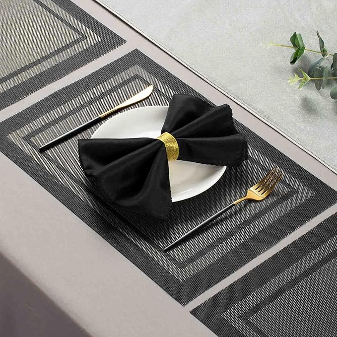 AHHFSMEI Placemats for Dining Table Set of 8 Woven Vinyl Plastic Place Mats Non-Slip Heat Insulation Stain Resistant Table Mats Washable Easy Clean Placemats (Black Frame 8)
