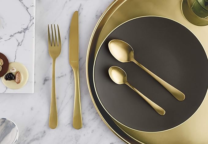 Amefa Austin 20pc Flatware Set - 18/0 Gold Stainless Steel Silverware Set, Knives Forks Spoons - Dinnerware Utensils Gold Silverware