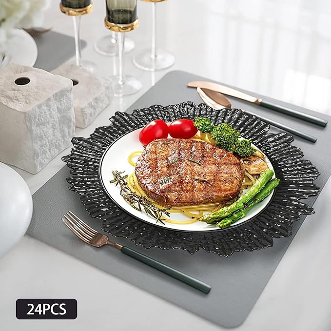24 PCS Charger Plates Bulk, 13 Inch Floral Reef Plastic Charger Dinner Plates Round Service Plates Decorative Chargers Bulk for Table Setting Wedding Party Event(Black)