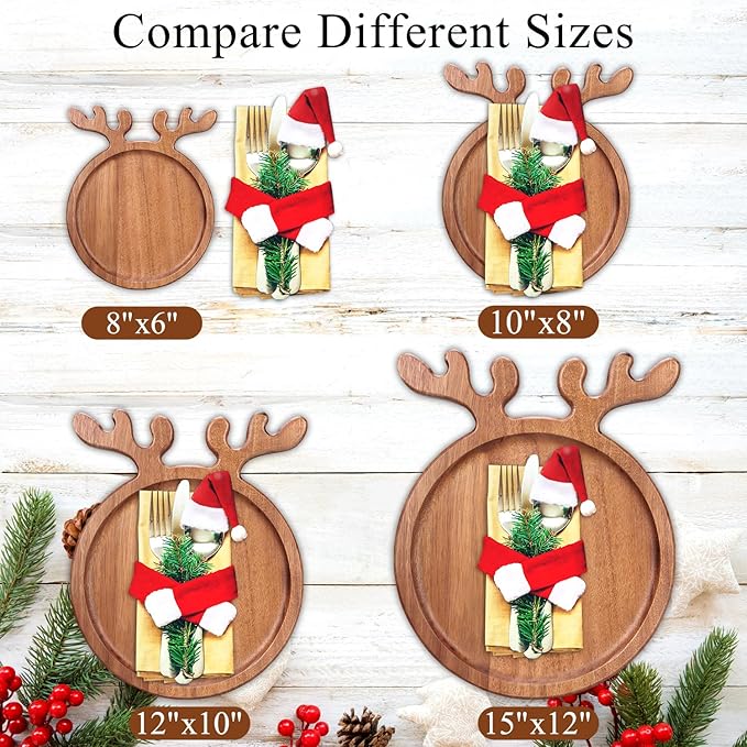 15"x12" Large Acacia Wood Christmas Decorative Veggie Tray Round Serving Platters Wooden Cheese Charcuterie Board Xmas Dinner Plate Dish Festive Fruit Tray Charger Plates for Christmas Holiday Platter
